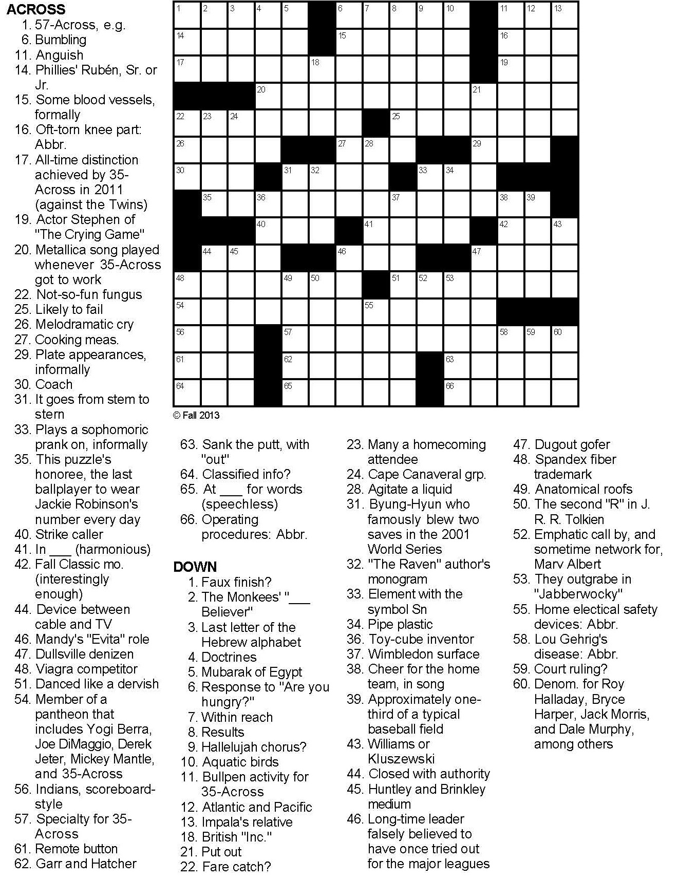 Baseball Crossword Puzzle: Uncle Robbie (Printable Version)